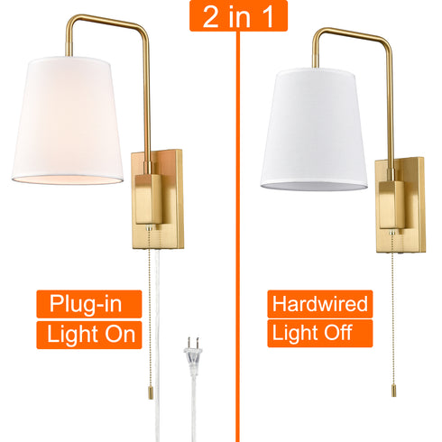 Gold Fabric Shade Wall Sconce Bedroom Plug-in Wall Lamp Set of 2
