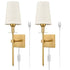 Gold Wall Sconce Sets of 2 Beige Linen Shade Plug-in Porch Light