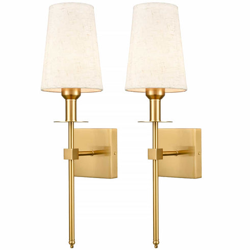 Gold Wall Sconce Sets of 2 Beige Linen Shade Plug-in Porch Light