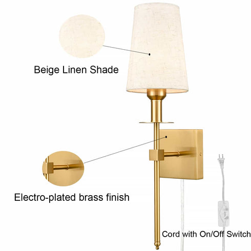 Gold Wall Sconce Sets of 2 Beige Linen Shade Plug-in Porch Light