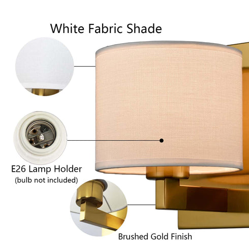 Gold Wall Sconces Set of Two Fabric Shade Wall Lamps for Bedroom
