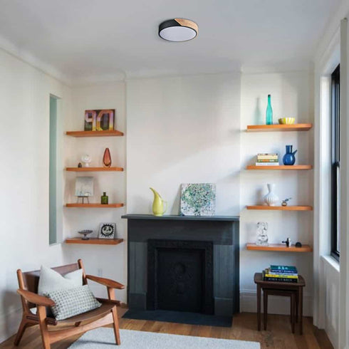 Modern Black and Wood LED Flush Mount Ceiling Light