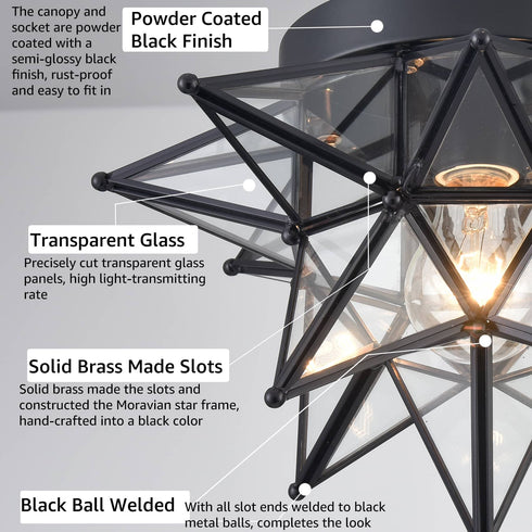 Black Moravian Star Ceiling Light Flush Mount, Transparent, 12.7-IN