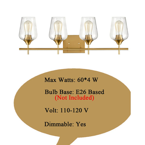 Industrial 4-Light Bathroom Vanity Light Brass Glass Wall Sconce