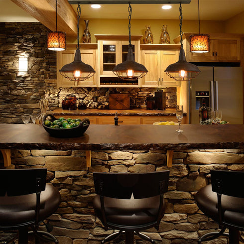 Spello Industrial Adjustable Rustic Wood Accent Kitchen Island Lighting 3 Light