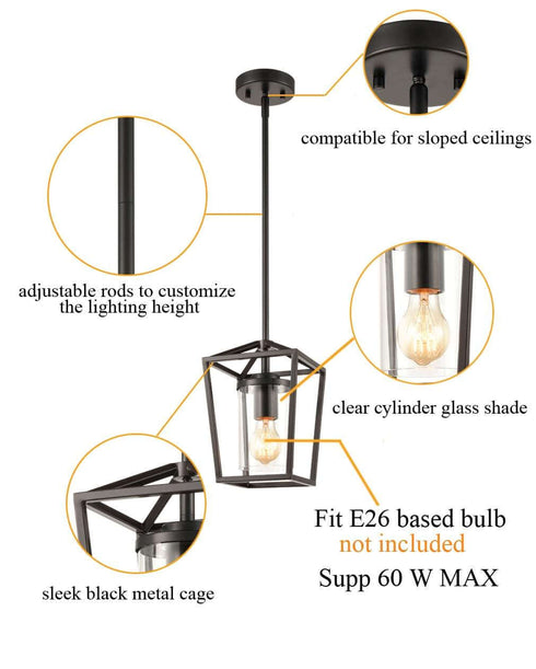 Gubbio Industrial Black Cage Pendant Lighting with mini Glass Cylinder Shade