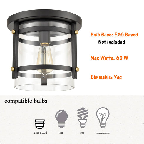 Cava de' Tirreni Industrial Black Flush Mount Ceiling Light with Clear Glass Shade