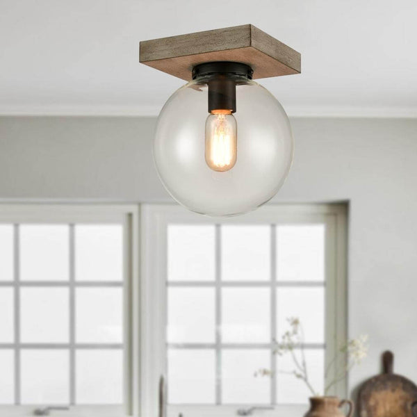 Industrial Glass Globe Ceiling Light with Distressed Wooden Canopy