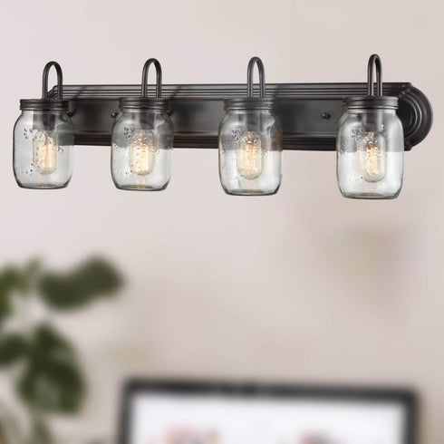Industrial Glass Mason Jar Bathroom Wall Sconces Bronze 4-Light