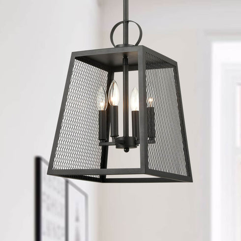 Industrial Matte Black Pendant Light Hanging Foyer Lantern Fixture
