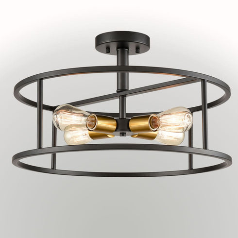 Industrial Black Metal Drum Cage Semi Flush Ceiling Light