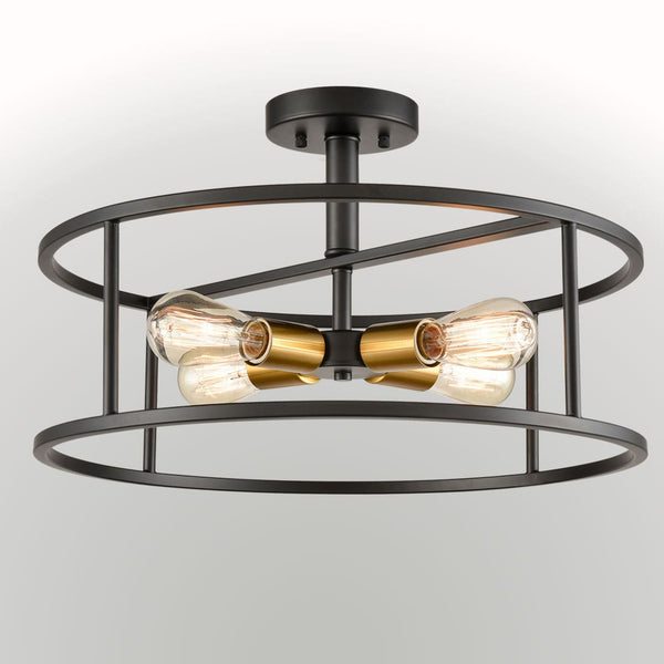 Industrial Black Metal Drum Cage Semi Flush Ceiling Light