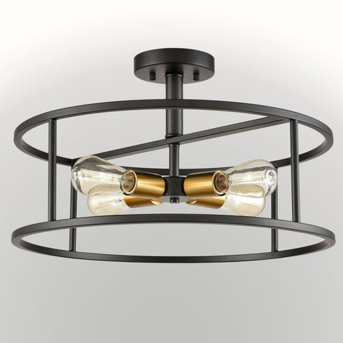 Industrial Black Metal Drum Cage Semi Flush Ceiling Light