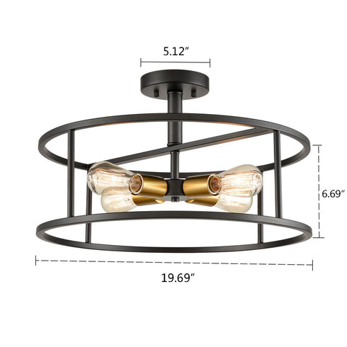 Industrial Black Metal Drum Cage Semi Flush Ceiling Light