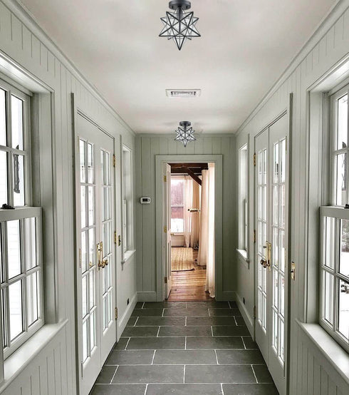 Industrial Moravian Star Ceiling Light with Seeded Glass 12 inches