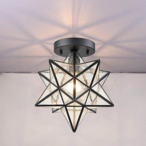 Industrial Moravian Star Ceiling Light with Seeded Glass 12 inches