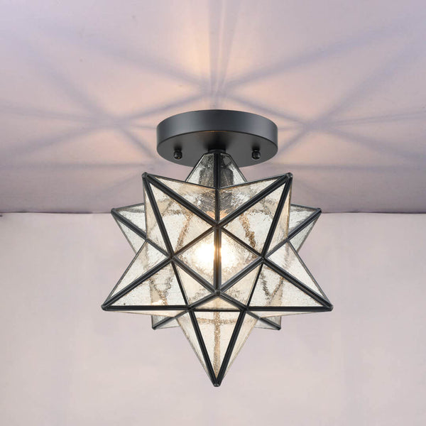 Industrial Moravian Star Ceiling Light with Seeded Glass 12 inches