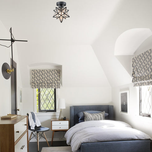 Industrial Moravian Star Ceiling Light with Seeded Glass 8 Inches