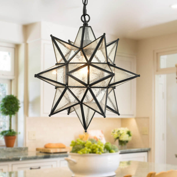 Industrial Moravian Star Pendant Light with Seeded Glass 15 Inches