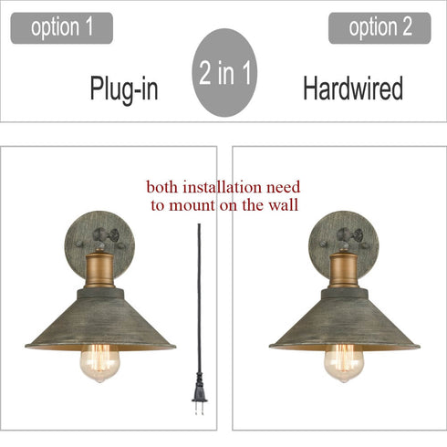 Industrial Rustic Swing Arm Hardwired and Plug-in Wall Sconce-2 Pack