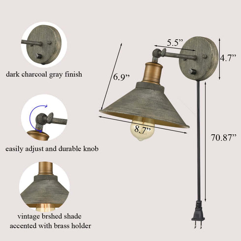 Industrial Rustic Swing Arm Hardwired and Plug-in Wall Sconce-2 Pack