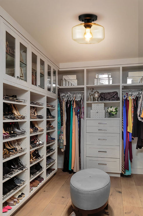 Industrial Semi Flush Ceiling Light Glass Drum Shade, Black