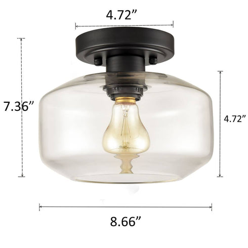 Industrial Semi Flush Ceiling Light Glass Drum Shade, Black
