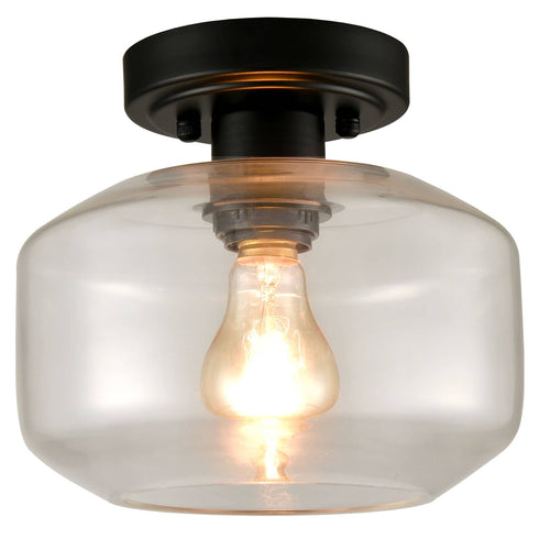 Industrial Semi Flush Ceiling Light Glass Drum Shade, Black