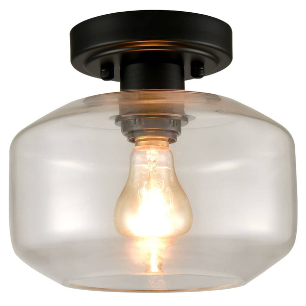 Industrial Semi Flush Ceiling Light Glass Drum Shade, Black