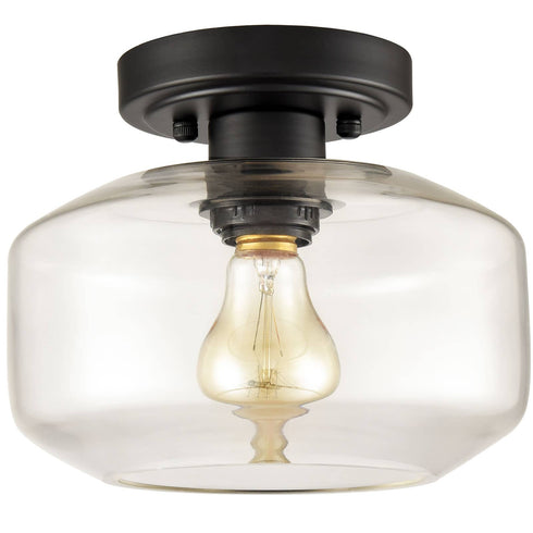 Industrial Semi Flush Ceiling Light Glass Drum Shade, Black