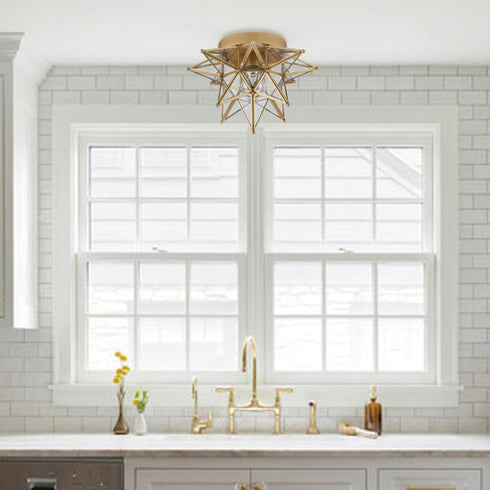 Brass Moravian Star Ceiling Light Flush Mount, Transparent, 12.7-IN