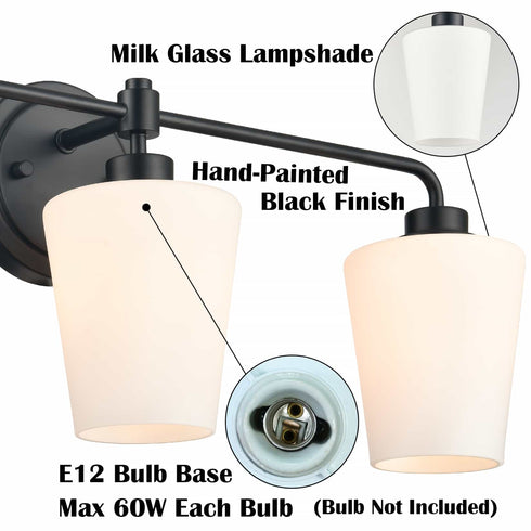 3-Light Black Bathroom Vanity Light Fixture with Milk Glass Shade