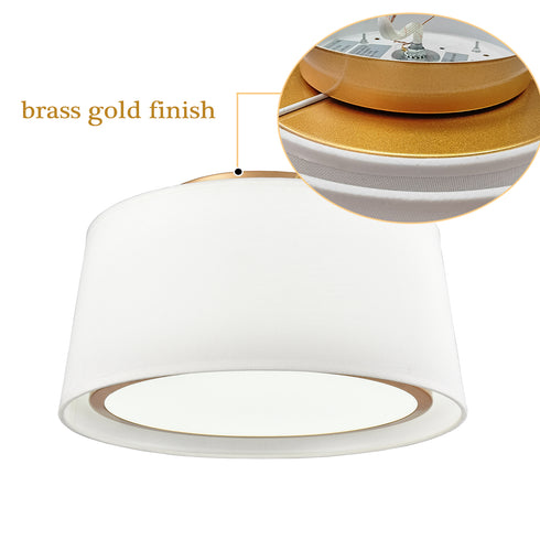 Gold Led Flush Mount Ceiling Light Drum White Fabric Shade 3000k-5500k,24W,1600LM