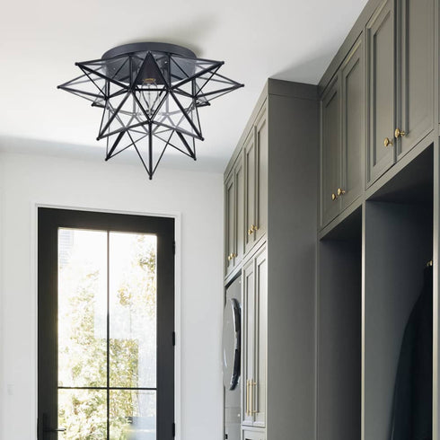 Moravian Star Flush Mount Ceiling Light, 18-In, Black, Transparent