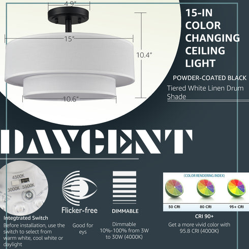 Modern LED Ceiling Lights Black Drum Fixture, Color-Selectable