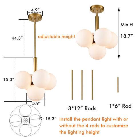 Mid-Century 5 Light Gold Kitchen Island Pendant Lighting