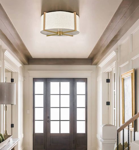 Trani Mid Century Fabric Drum Shade Gold Flush Mount Ceiling Light