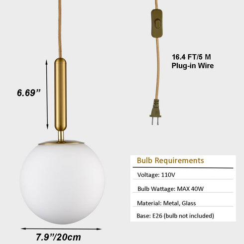 Mid Century Plug in Pendant Lighting with Cord 8 Inch