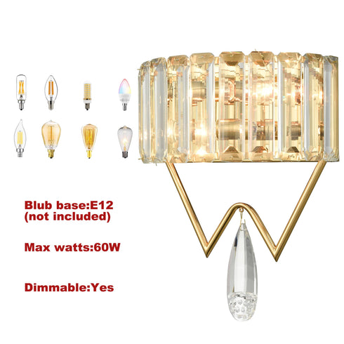 Modern 2-Light Gold Metal Wall Light Fixture with Crystal Wall Sconce for Bathroom Living Room Mid Century Light Fixture