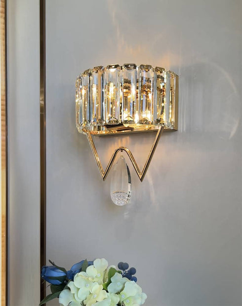 Modern 2-Light Gold Metal Wall Light Fixture with Crystal Wall Sconce for Bathroom Living Room Mid Century Light Fixture