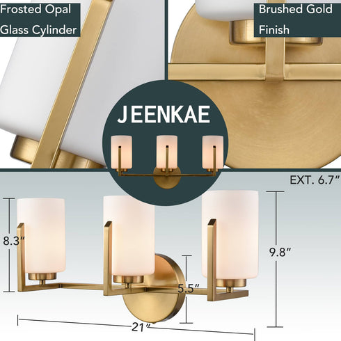 Modern 3-Light Gold Bathroom Vanity Lights with Opal Cylinders