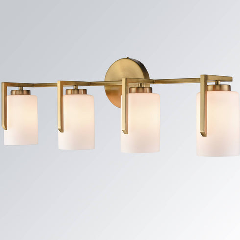Modern 4-Light Gold Vanity Light Bathroom with Opal Cylinders