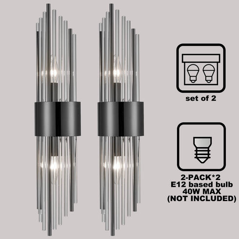 Modern Black Metal Wall Sconce with Crystal Clear Glass Rods for Bathroom Set of 2