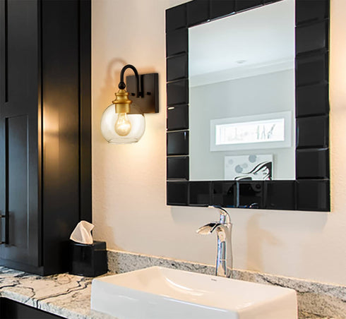 Set of 2 Modern Black Metal Wall Sconce with Globe Clear Glass Shade for Bathroom