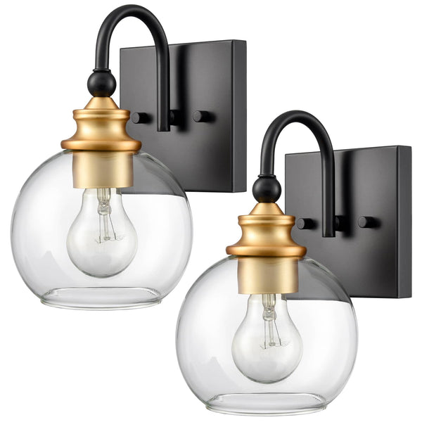 Set of 2 Modern Black Metal Wall Sconce with Globe Clear Glass Shade for Bathroom