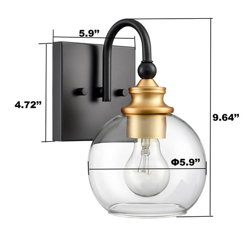 Set of 2 Modern Black Metal Wall Sconce with Globe Clear Glass Shade for Bathroom