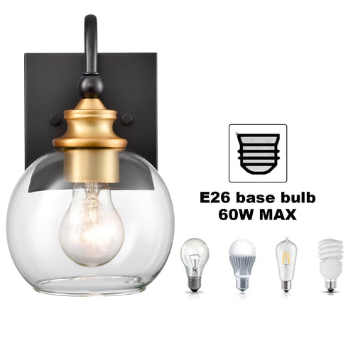 Set of 2 Modern Black Metal Wall Sconce with Globe Clear Glass Shade for Bathroom