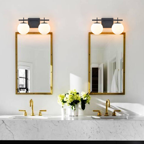 Modern Black Two Globe Vanity Light Milky Glass