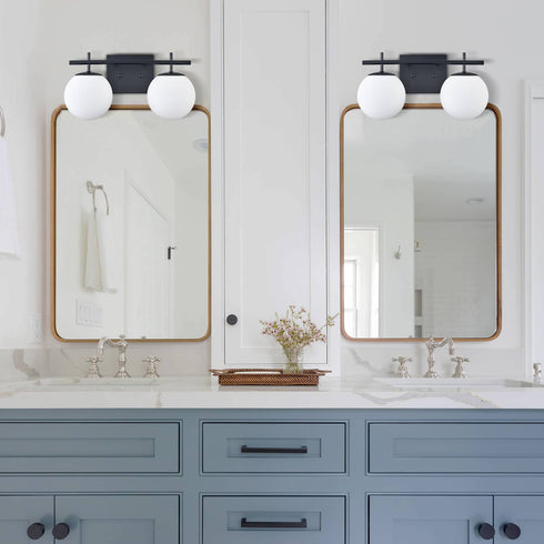 Modern Black Two Globe Vanity Light Milky Glass