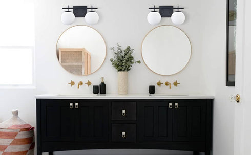 Modern Black Two Globe Vanity Light Milky Glass